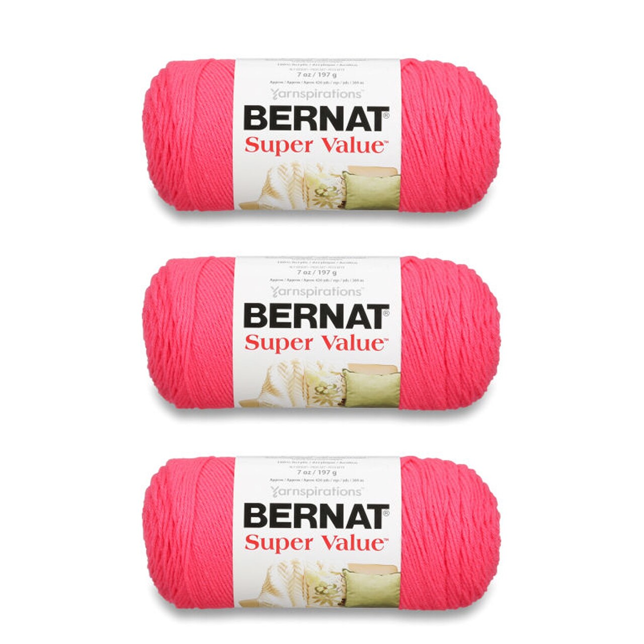 Bernat Super Value Peony Pink Yarn - 3 Pack of 198g/7oz - Acrylic - 4 Medium (Worsted) - 426 Yards - Knitting/Crochet